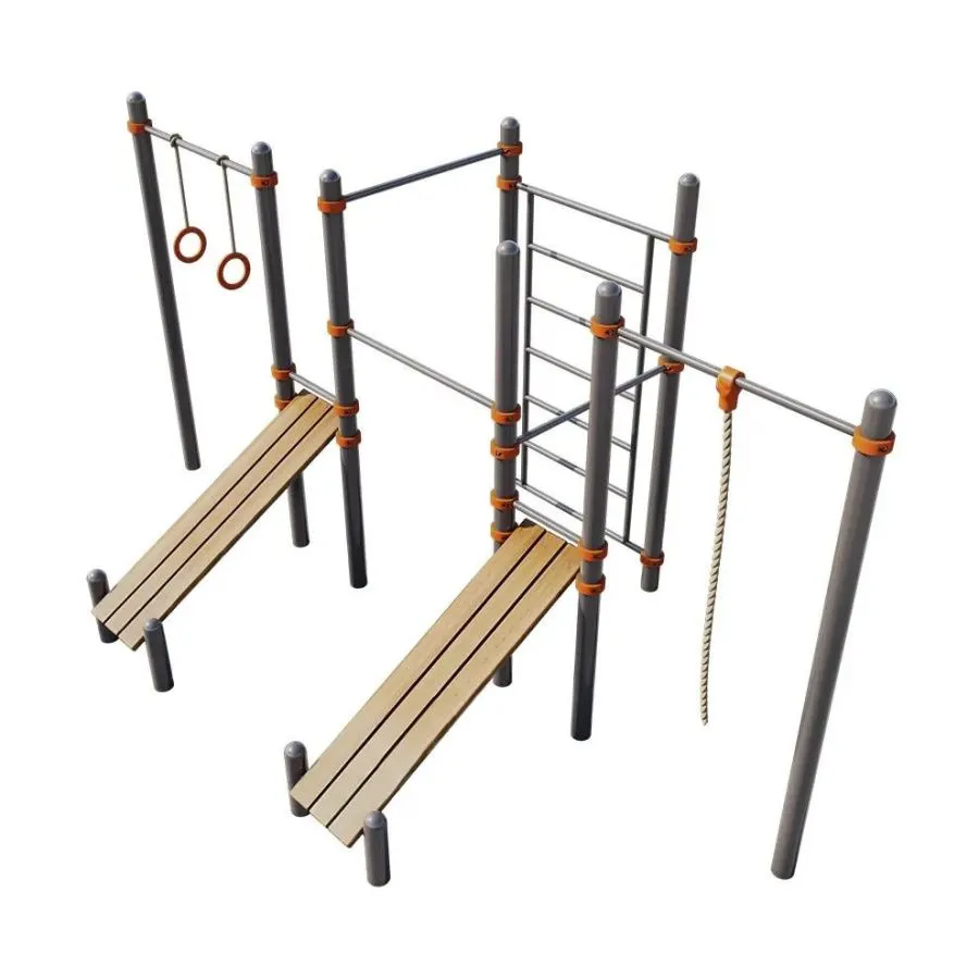 Многофункциональный комплекс из трех турников, двух скамей, колец, каната и шведской стенки